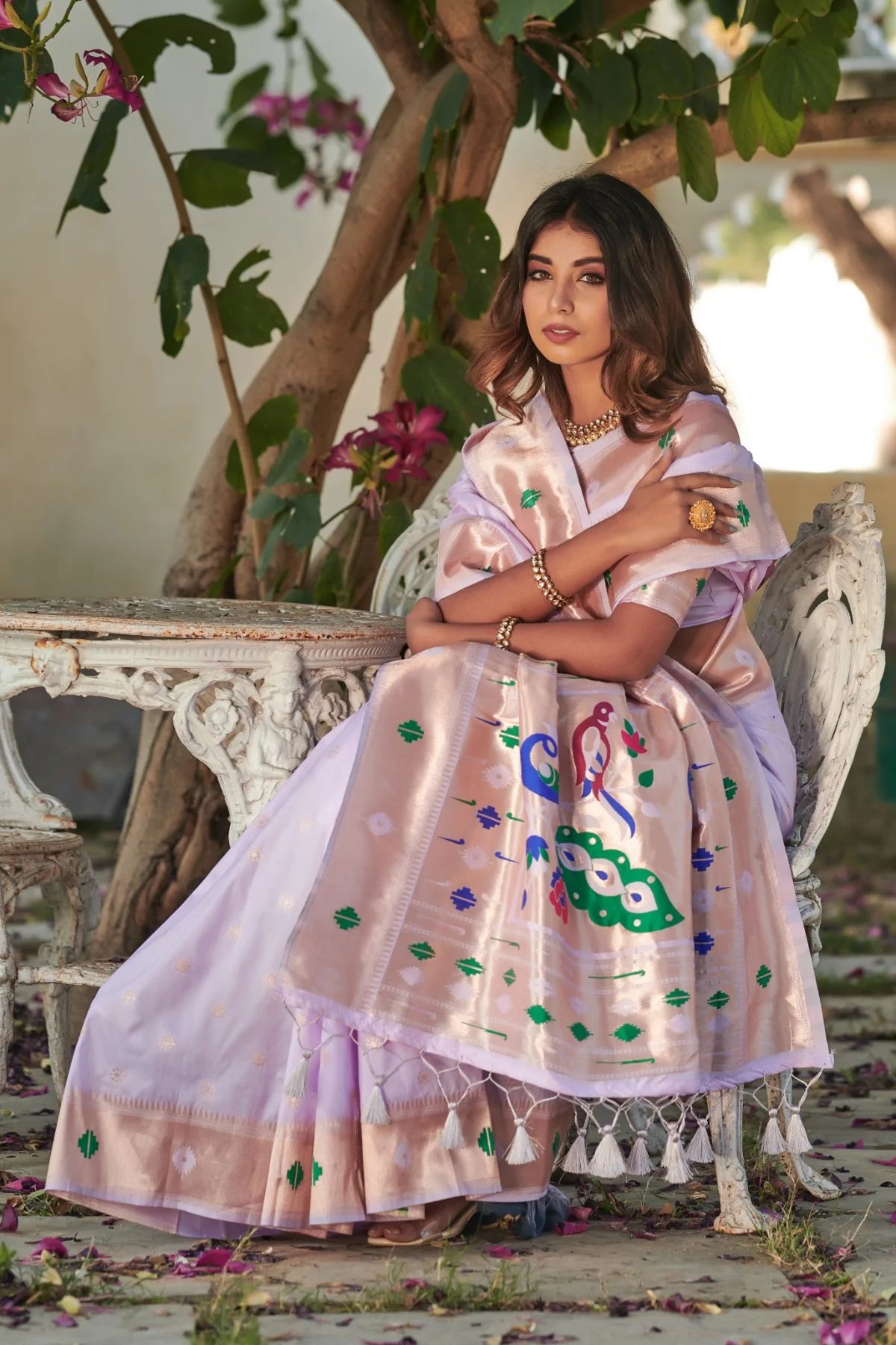 Buy MySilkLove Gray Purple Banarasi Silk Paithani Saree Online