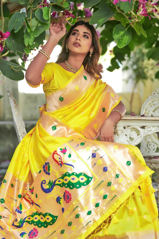 Buy MySilkLove Energy Yellow Banarasi Silk Paithani Saree Online