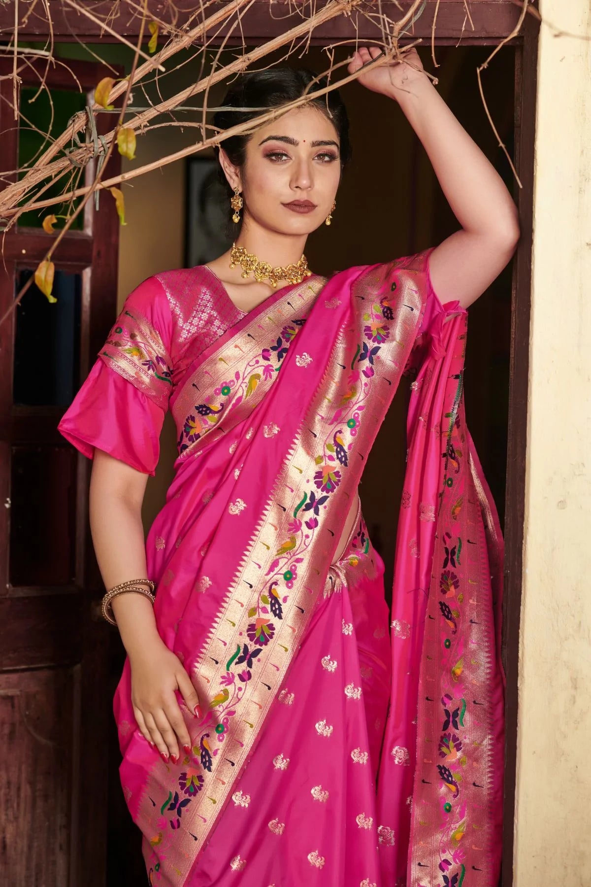 Buy MySilkLove Cerise Pink Banarasi Silk Paithani Saree Online