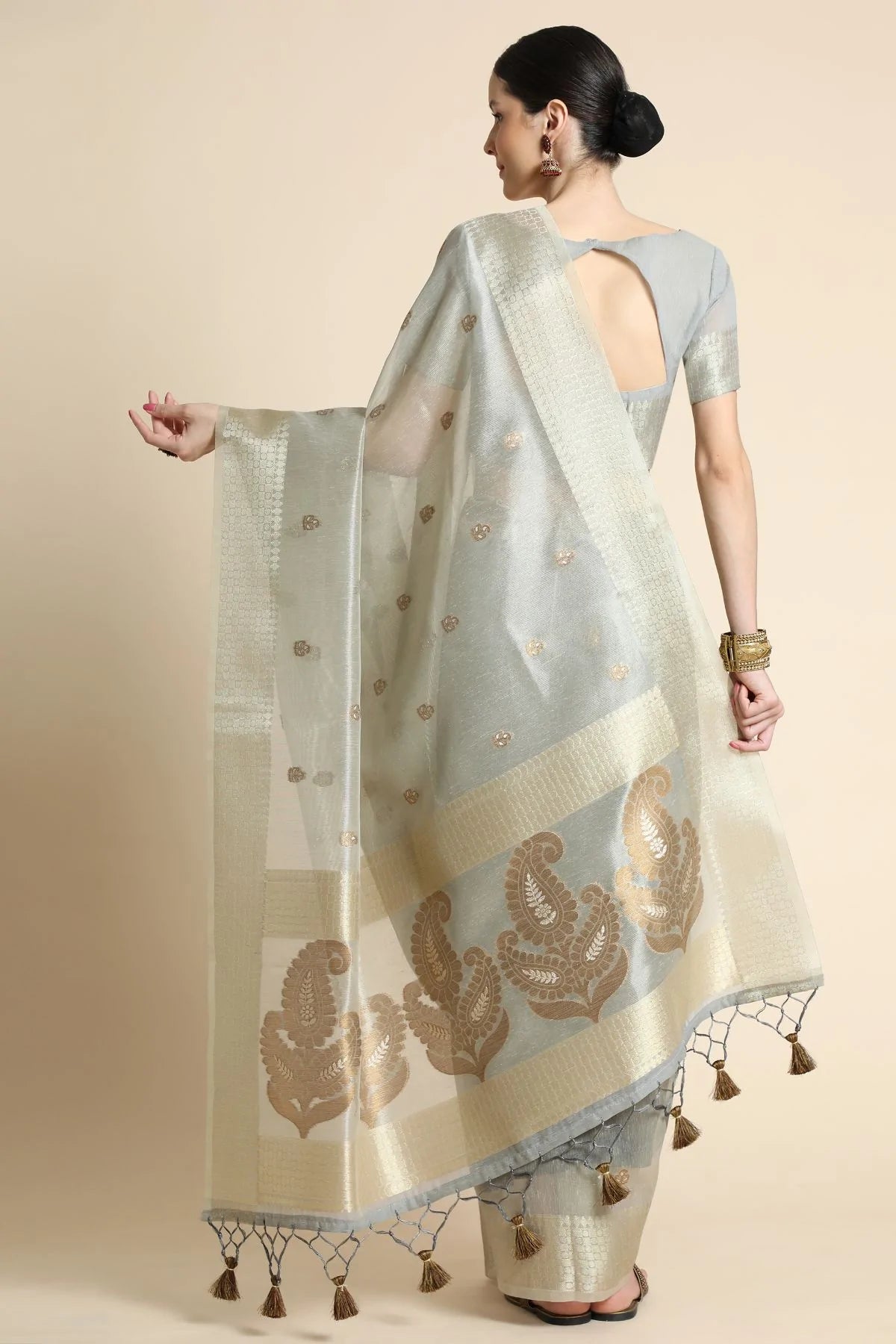 Buy MySilkLove Eagle Grey Tissue Linen Saree Online