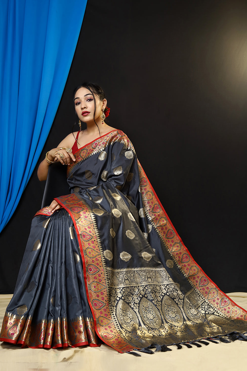 MySilkLove Merlin Grey Woven Banarasi Silk Saree