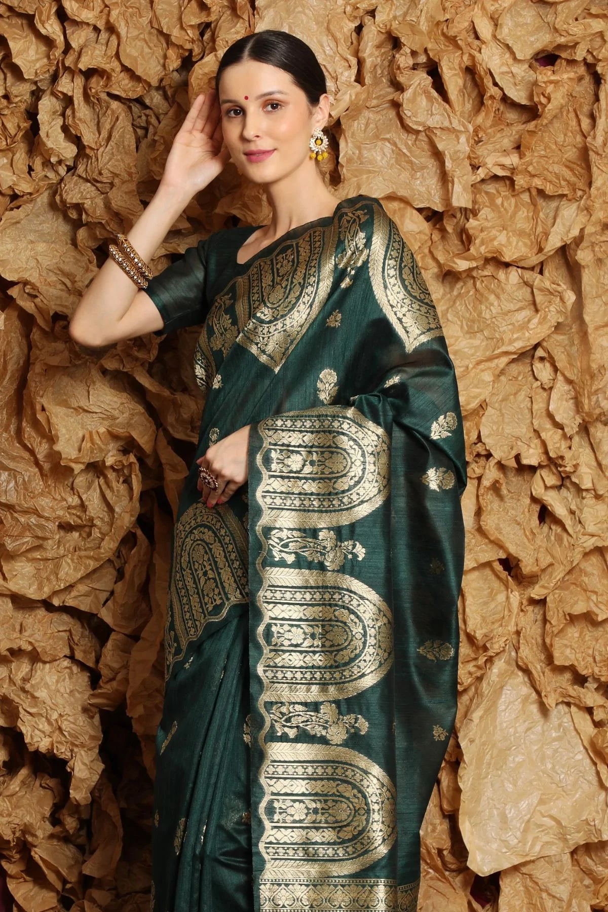 MySilkLove Leather Green Tussar Woven Silk Saree