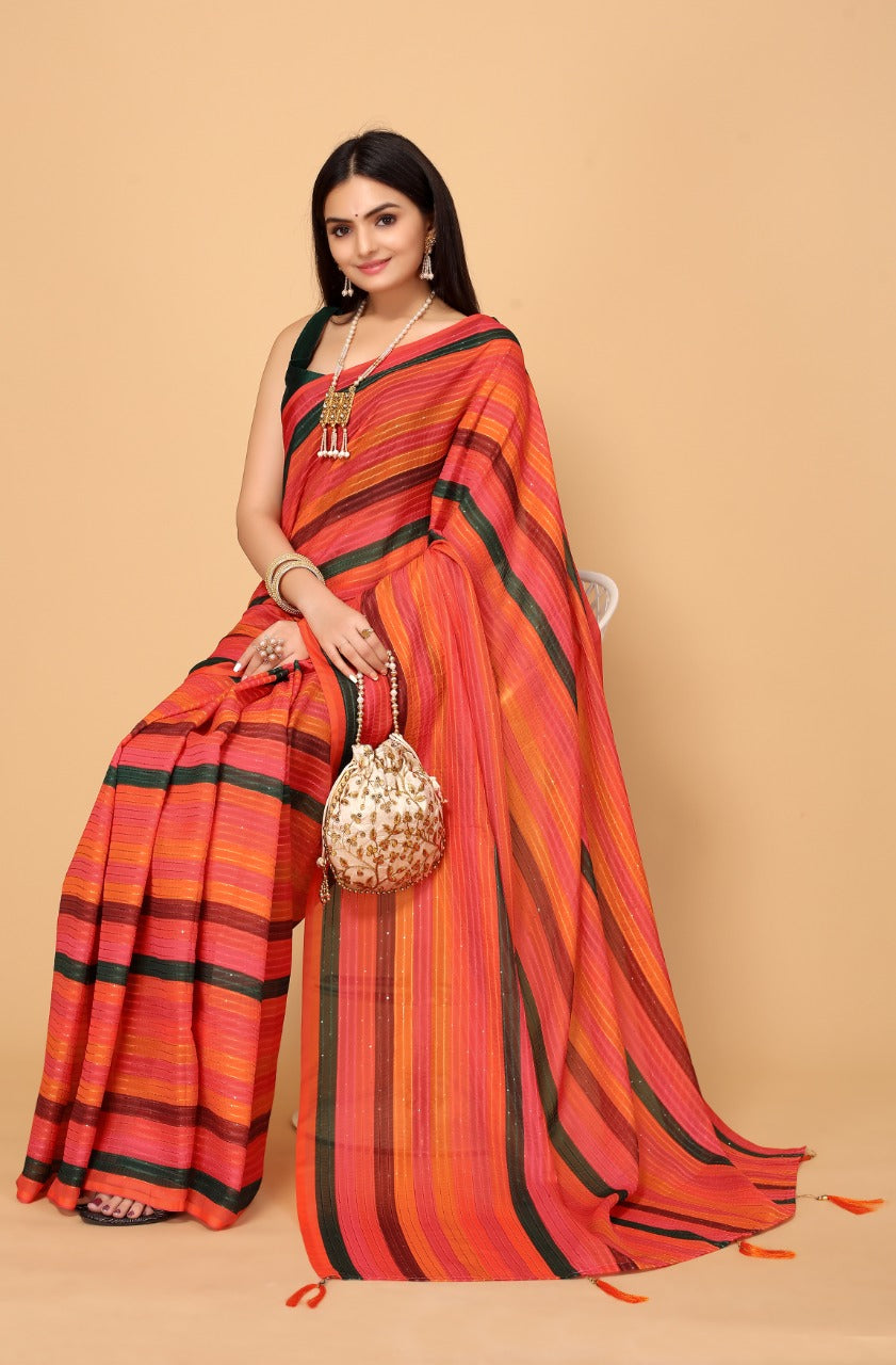 Buy MySilkLove Mandarin Orange and Green Georgette Printed Saree Online