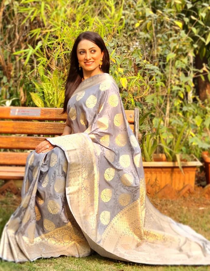 Buy MySilkLove Rolling Stone Grey Woven Banarasi Silk Saree Online