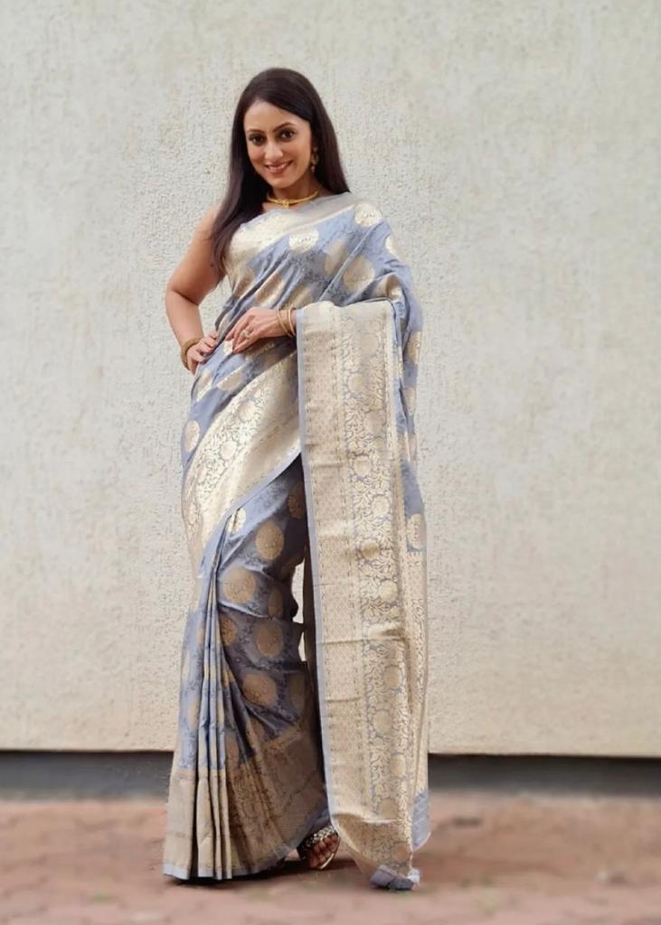 Buy MySilkLove Rolling Stone Grey Woven Banarasi Silk Saree Online