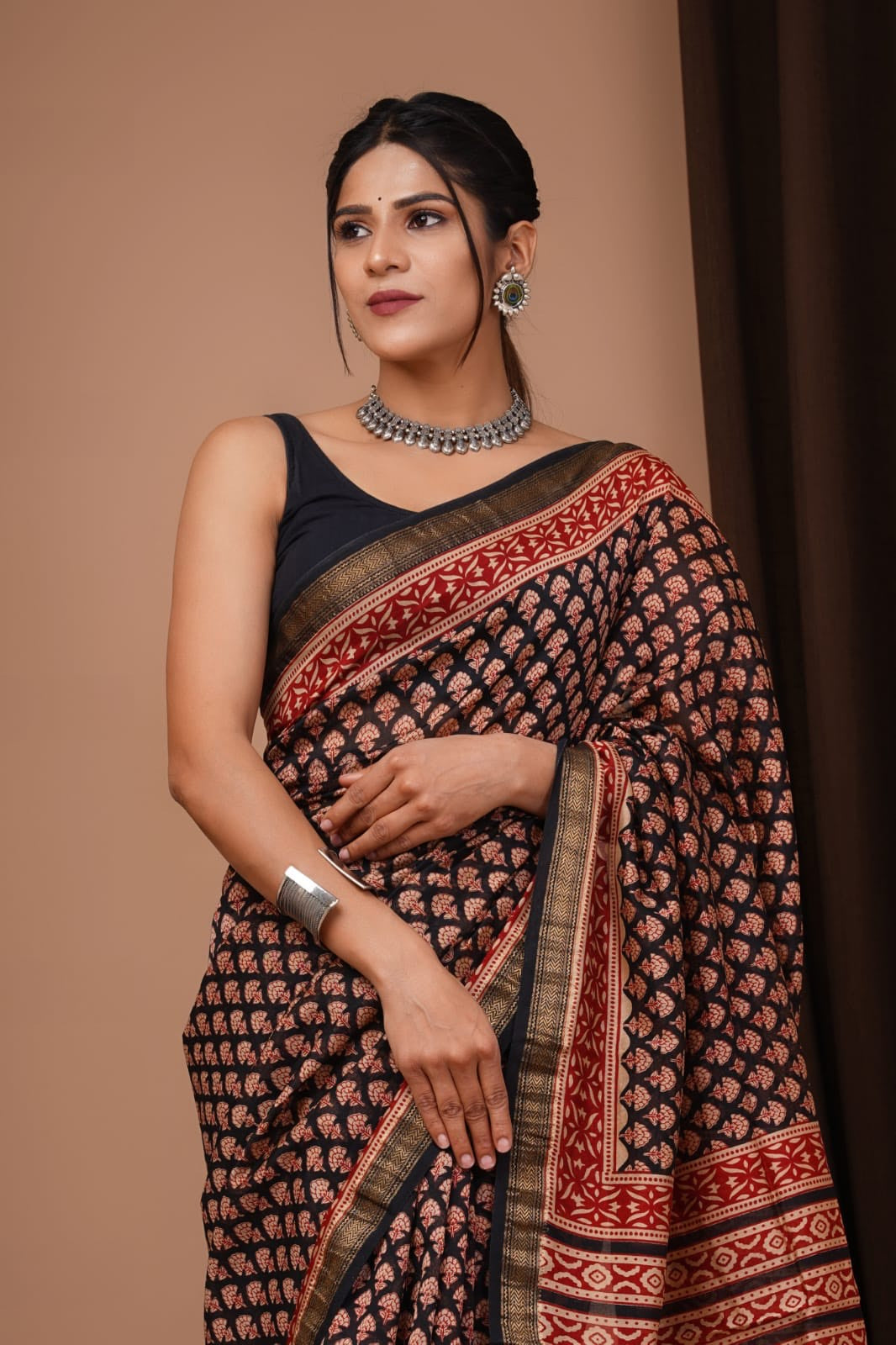 Buy MySilkLove Nutmeg Brown Handblock Kota Doriya Saree Online