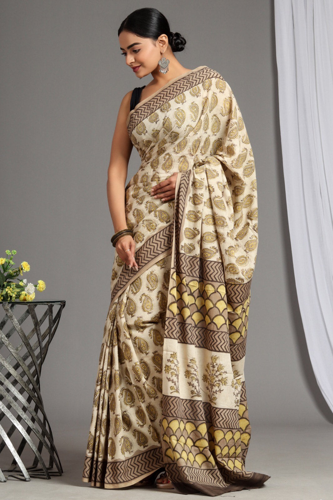 MySilkLove Barley Corn Brown Soft Mulmul Cotton Handblock Printed Saree