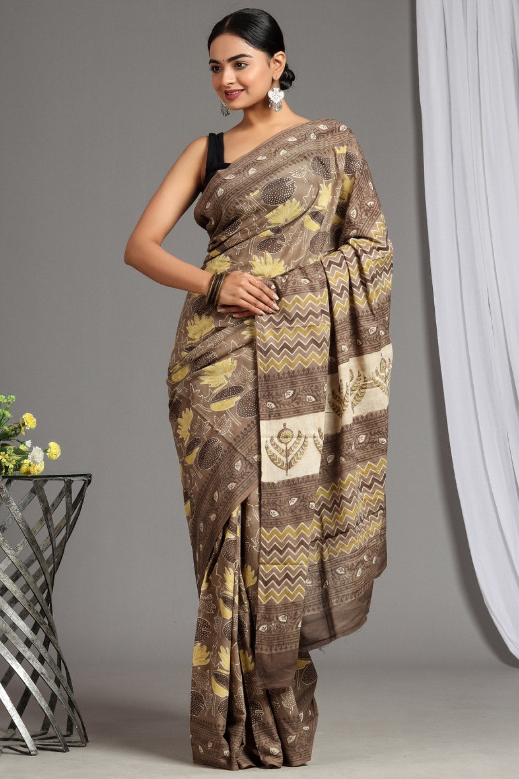 Buy MySilkLove Beaver Brown Soft Mulmul Cotton Handblock Printed Saree Online