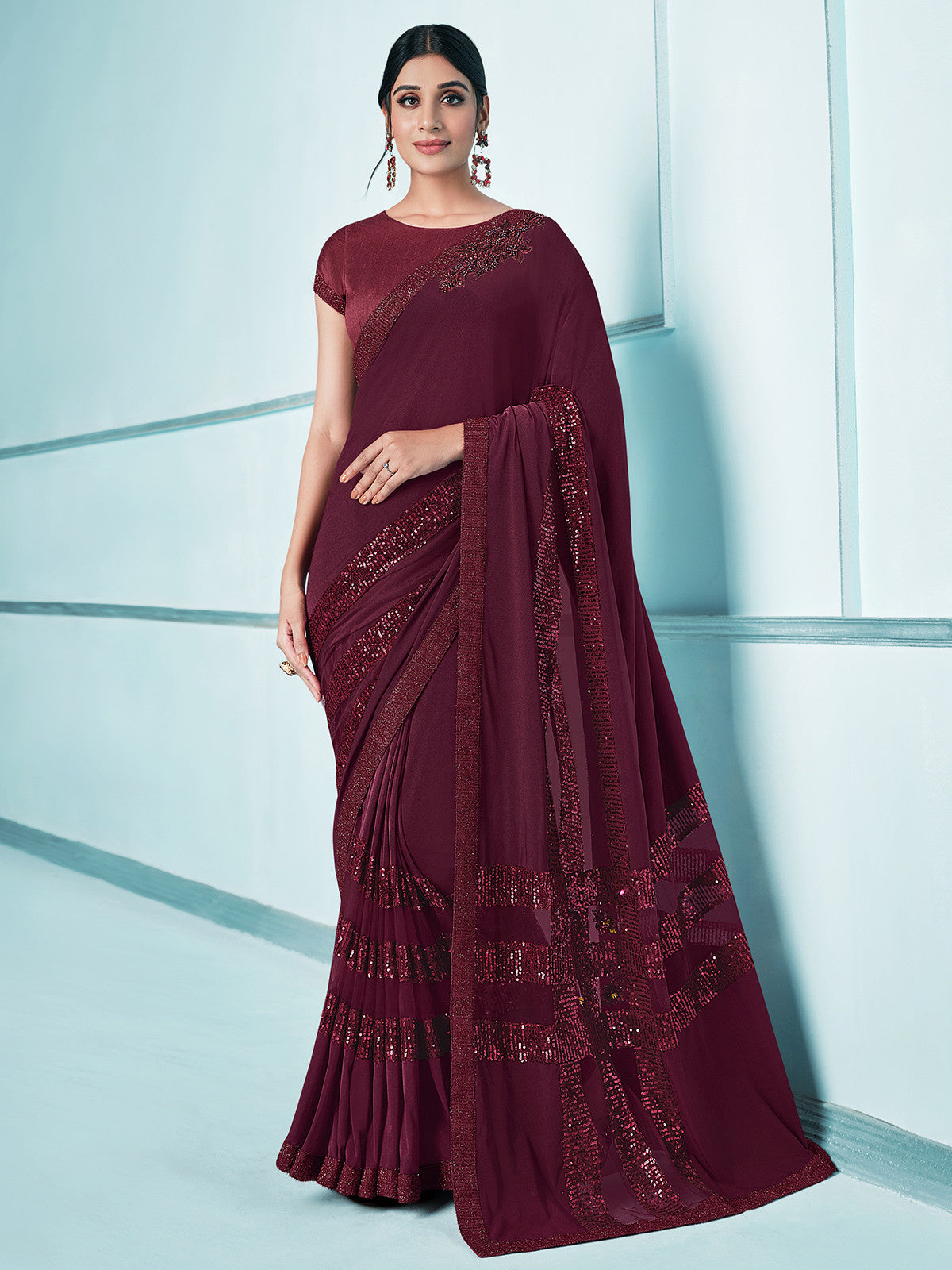 Buy MySilkLove Twilight Maroon Embroidery Designer Georgette Partywear Saree Online