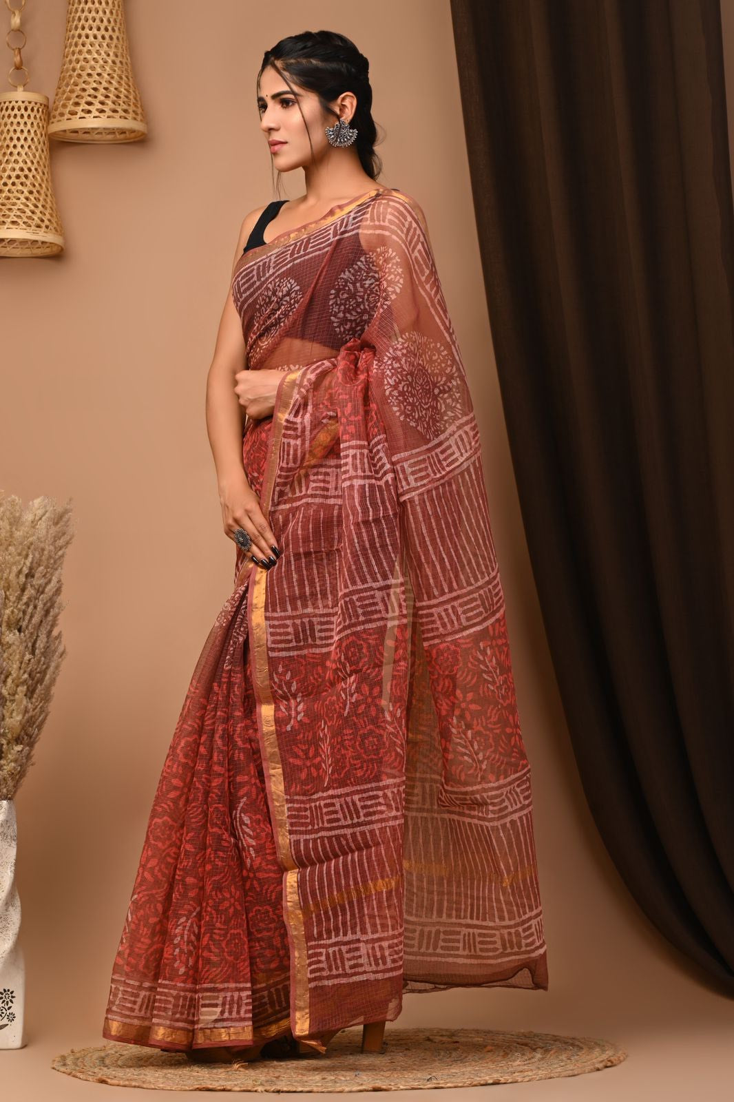 Buy MySilkLove El Salva Red Handblock Kota Doriya Saree Online