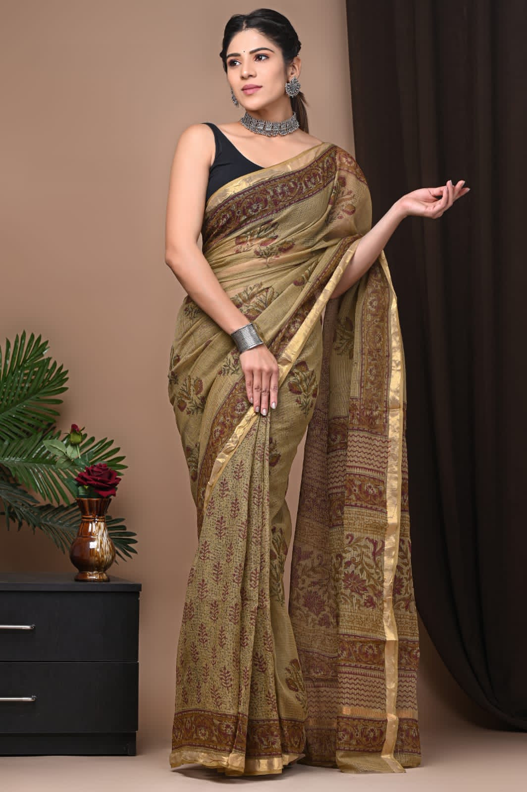 Buy MySilkLove Gold Fusion Green Handblock Kota Doriya Saree Online