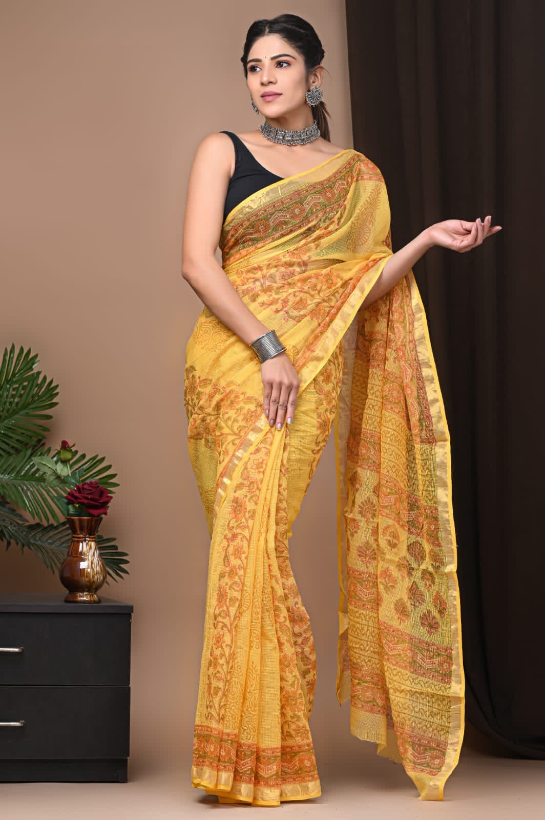 Buy MySilkLove Cherokee Yellow Handblock Kota Doriya Saree Online