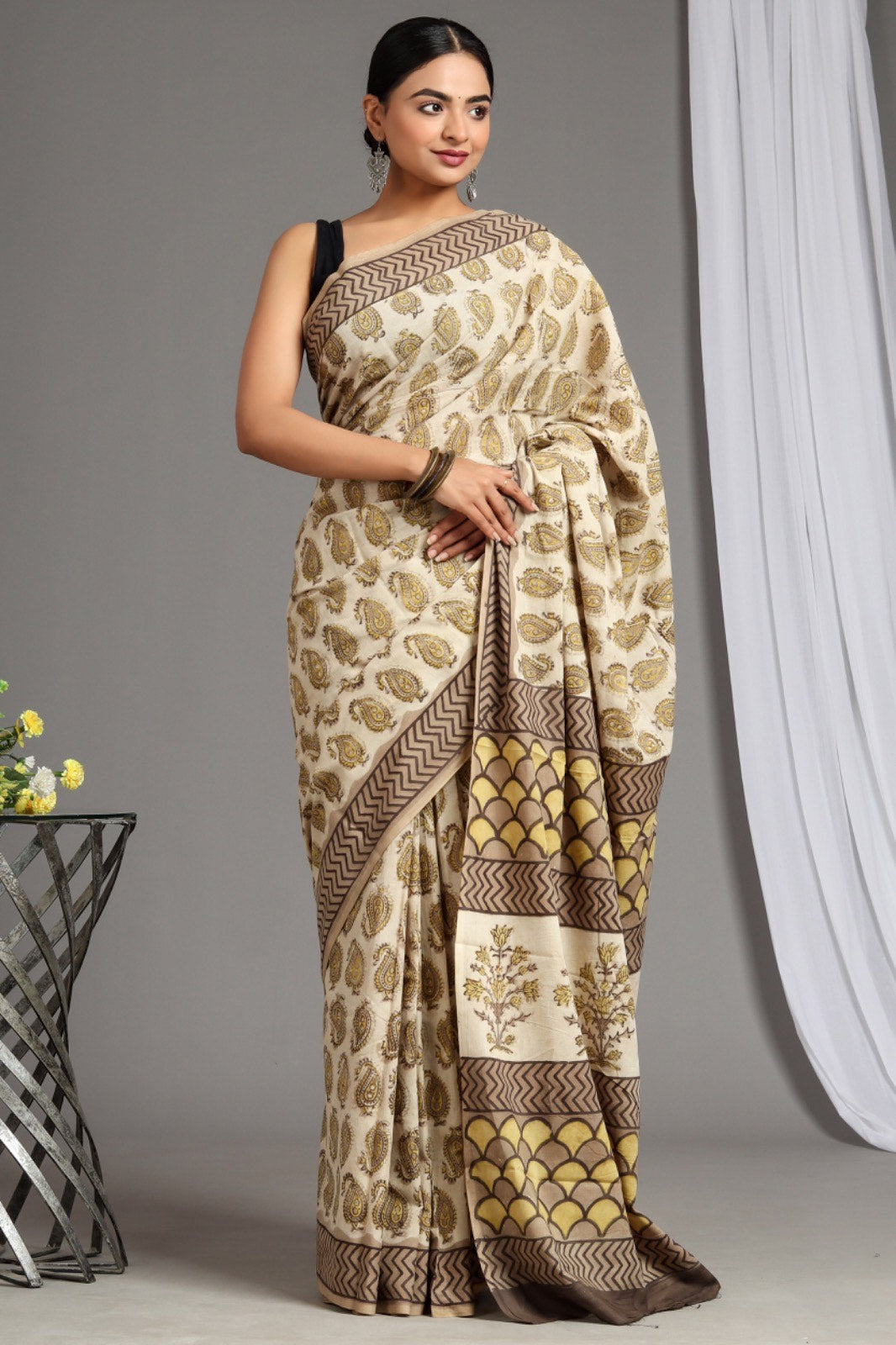 Buy MySilkLove Barley Corn Brown Soft Mulmul Cotton Handblock Printed Saree Online