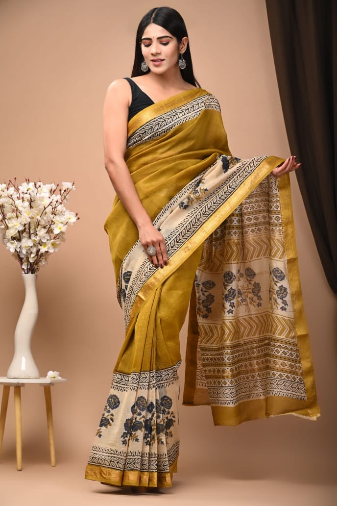 Buy MySilkLove Dandelion Yellow Handblock Kota Doriya Saree Online