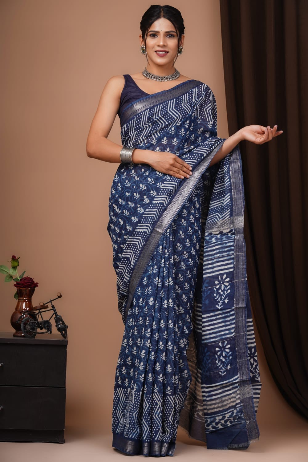 Buy MySilkLove Storm Blue Handblock Kota Doriya Saree Online