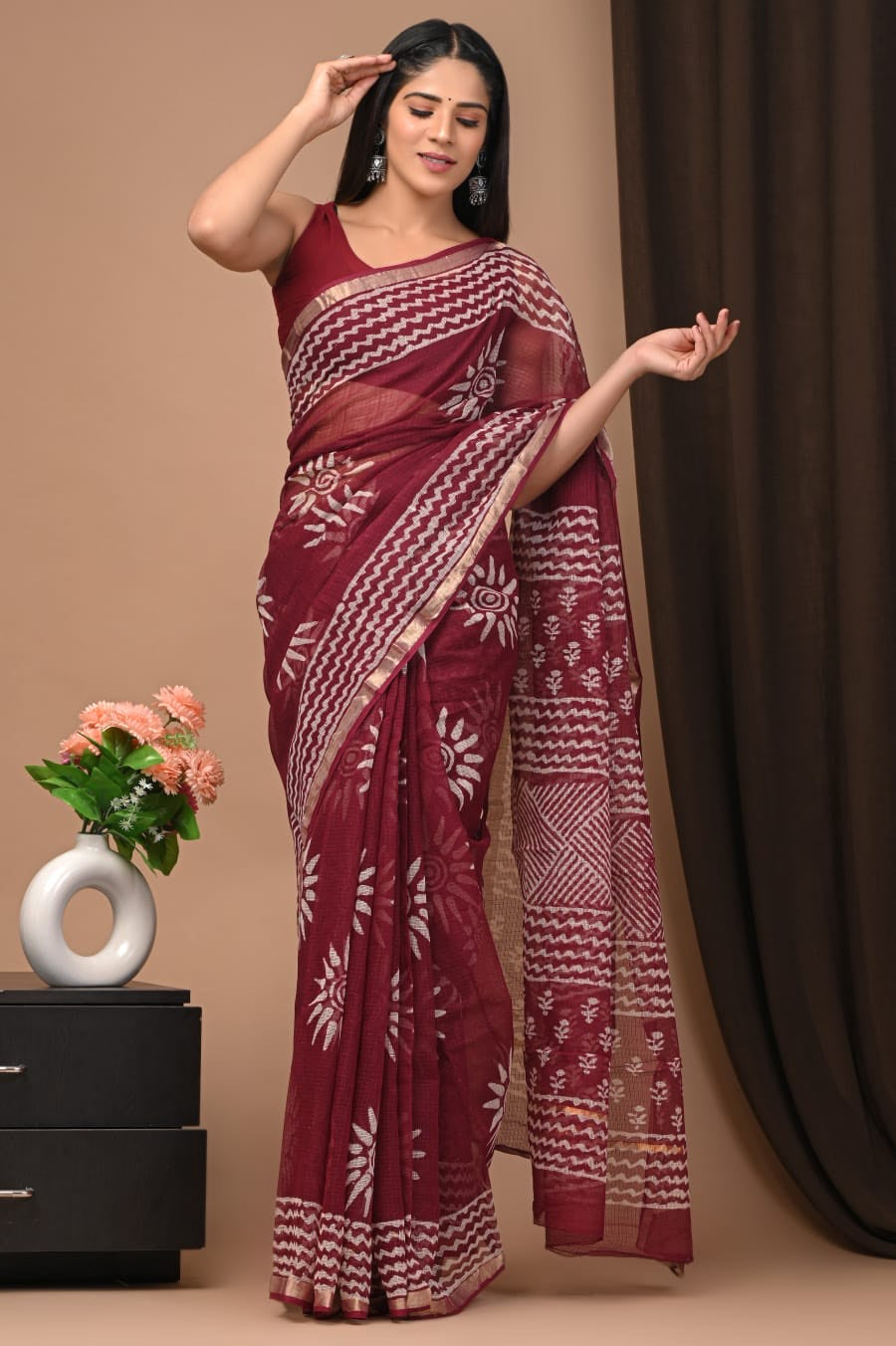 Buy MySilkLove Stiletto Maroon Handblock Kota Doriya Saree Online