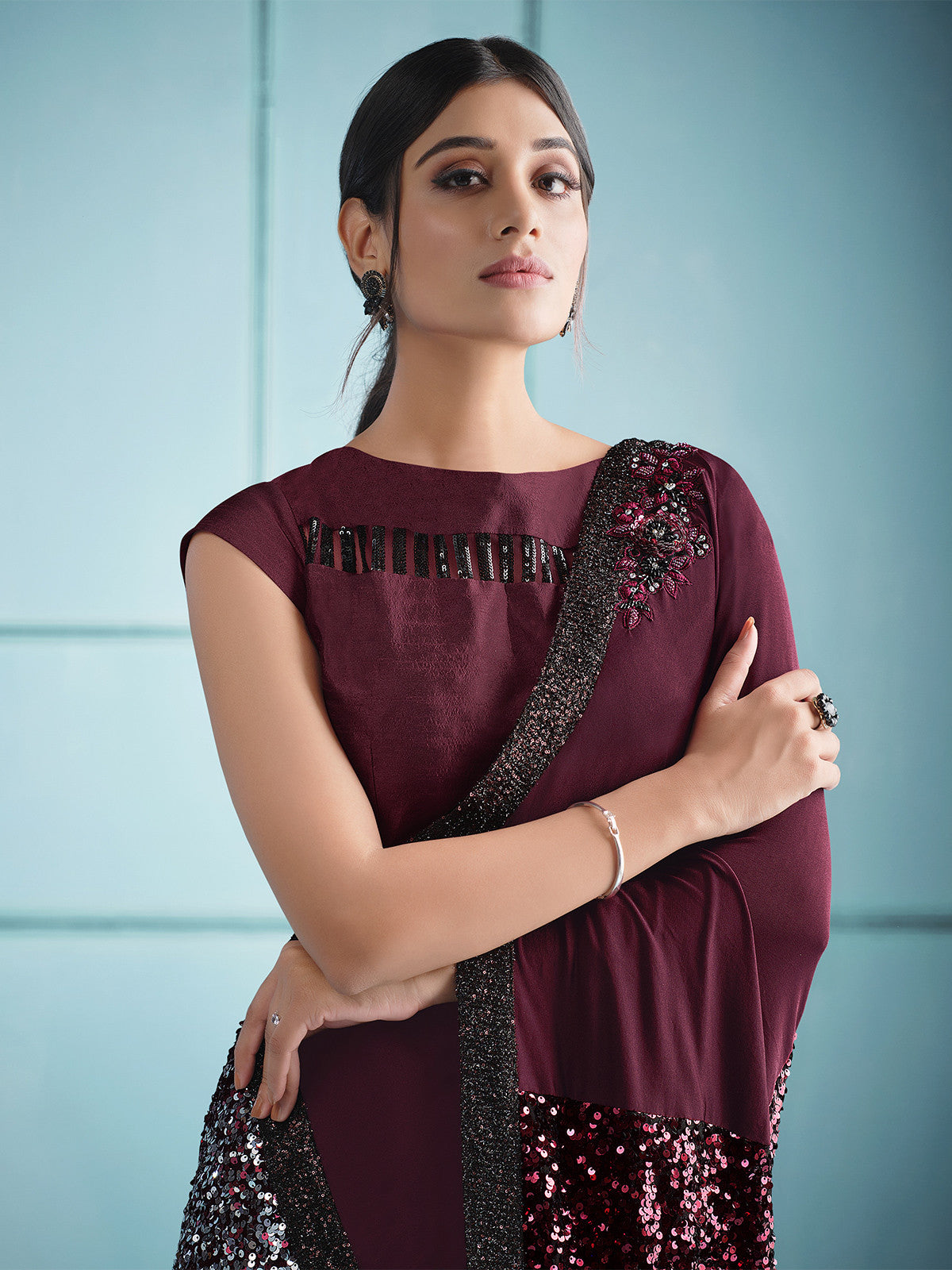 Buy MySilkLove Cocoa Bean Brown Embroidery Designer Georgette Partywear Saree Online