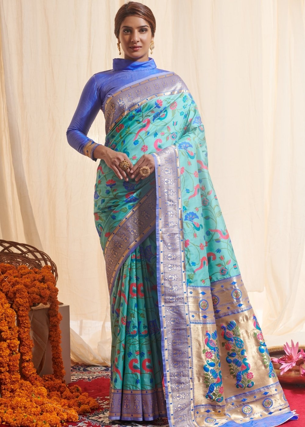 Buy MySilkLove Morning Blue Zari Woven Paithani Saree Online