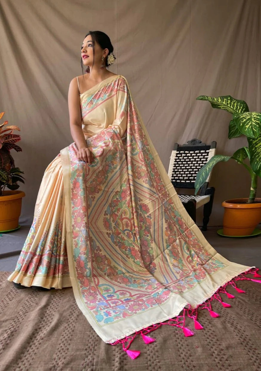 Buy MySilkLove Caper Cream Kalamkari Printed Saree Online