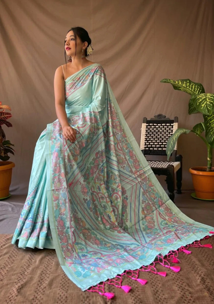 Buy MySilkLove Pale Leaf Blue Kalamkari Printed Saree Online