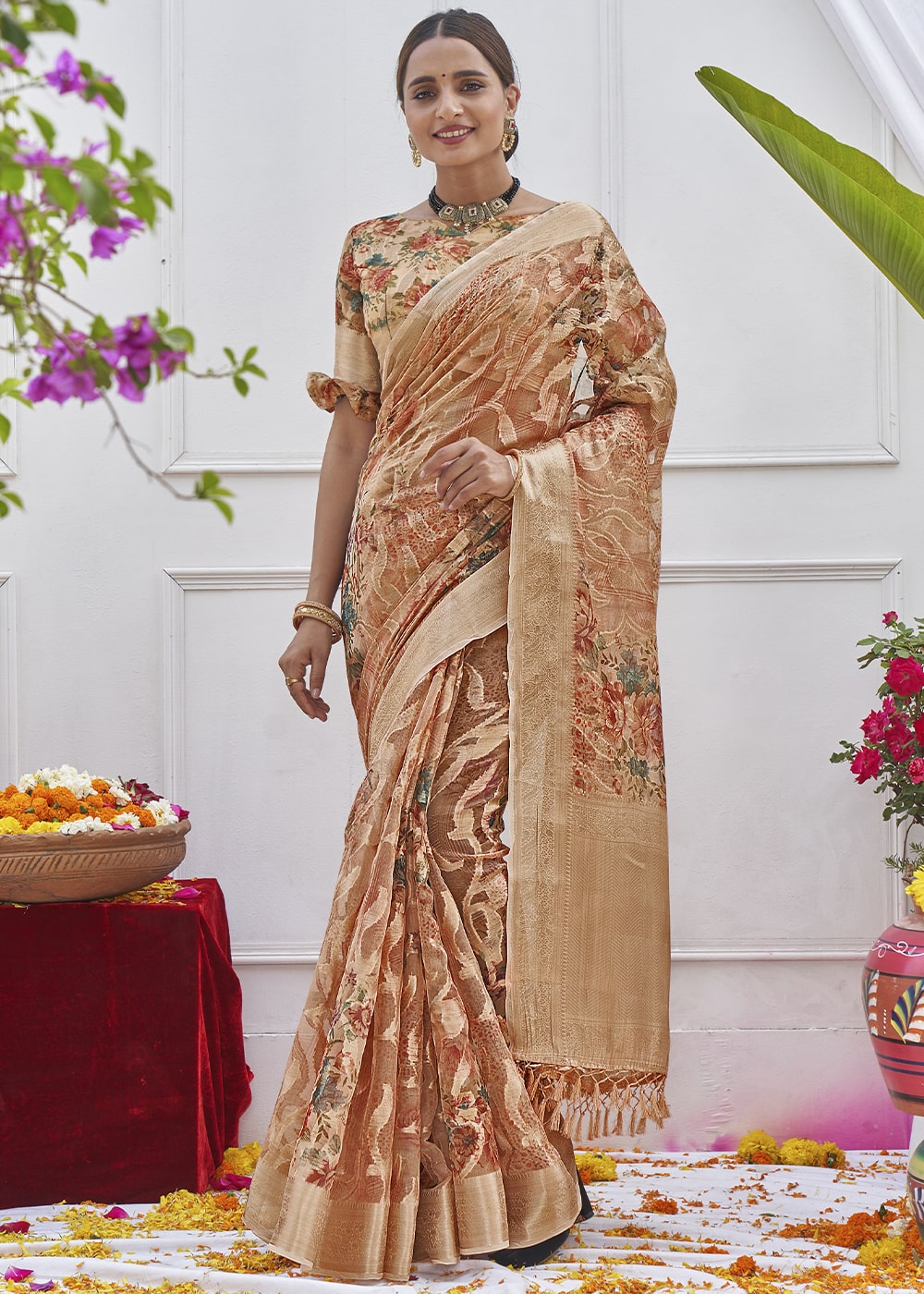 Buy MySilkLove Brown Sugar Digital Printed Organza Silk Saree Online