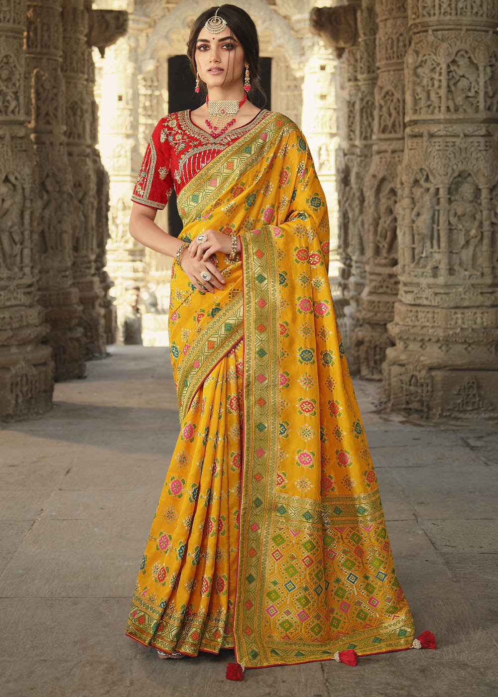 Buy MySilkLove Golden Yellow and Red Designer Banarasi Silk Saree with Embroidered Blouse Online