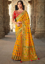 Golden Yellow and Red Designer Banarasi Silk Saree with Embroidered Blouse
