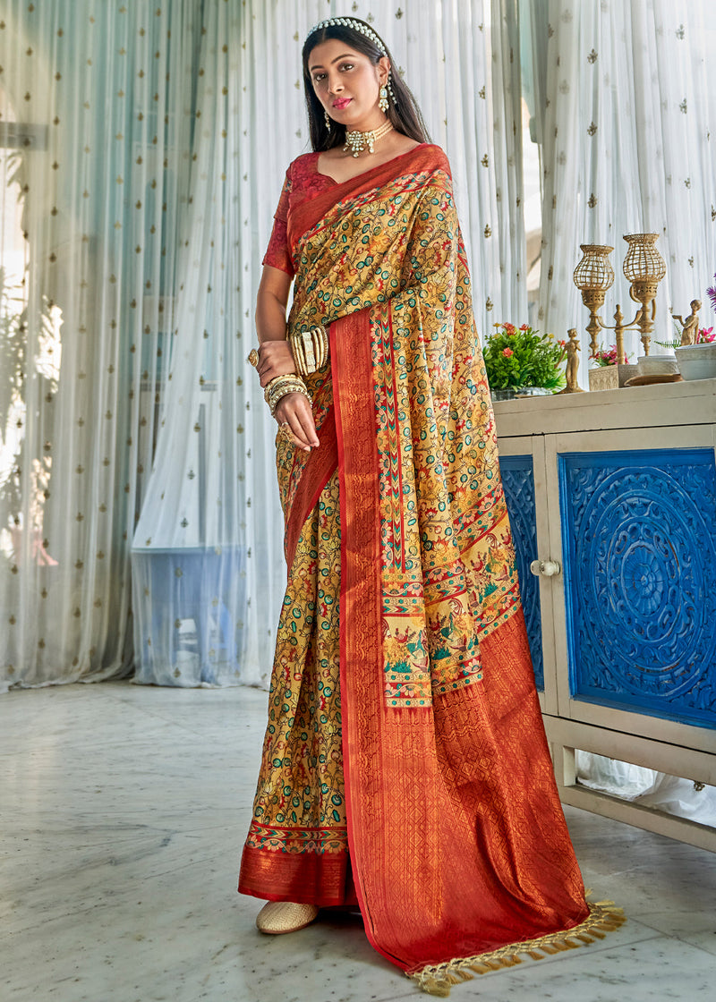Golden Fizz Yellow Kalamkari Digital Printed Saree