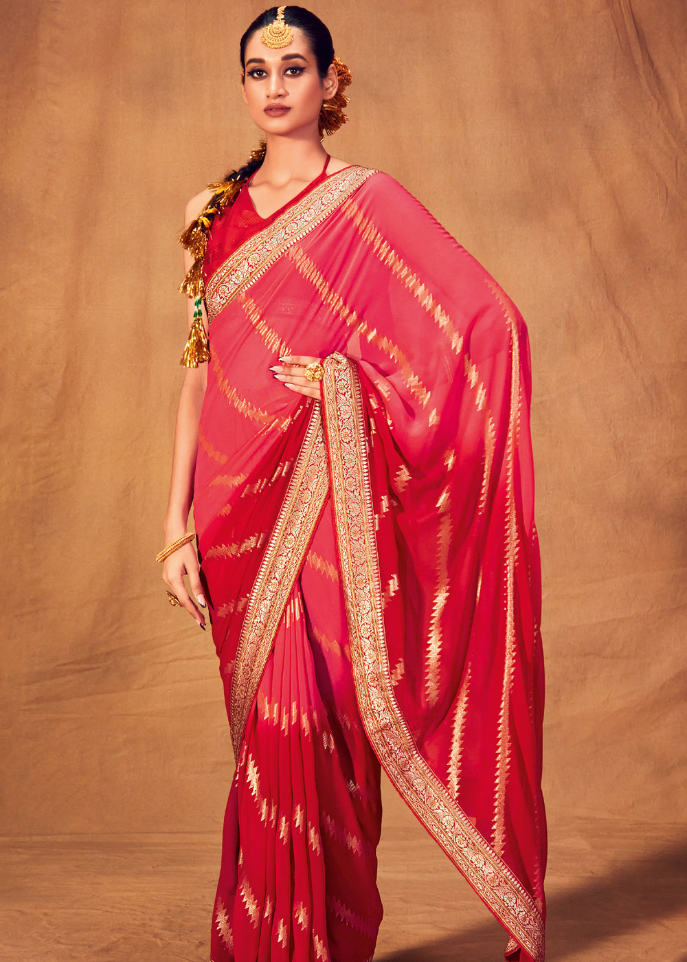 Buy MySilkLove Tulip Pink and Red Woven Georgette Silk Saree Online