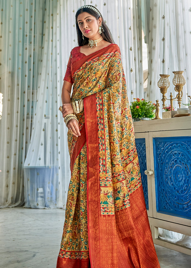 Golden Fizz Yellow Kalamkari Digital Printed Saree