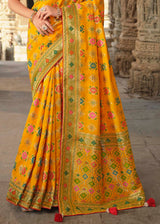 Golden Yellow and Red Designer Banarasi Silk Saree with Embroidered Blouse