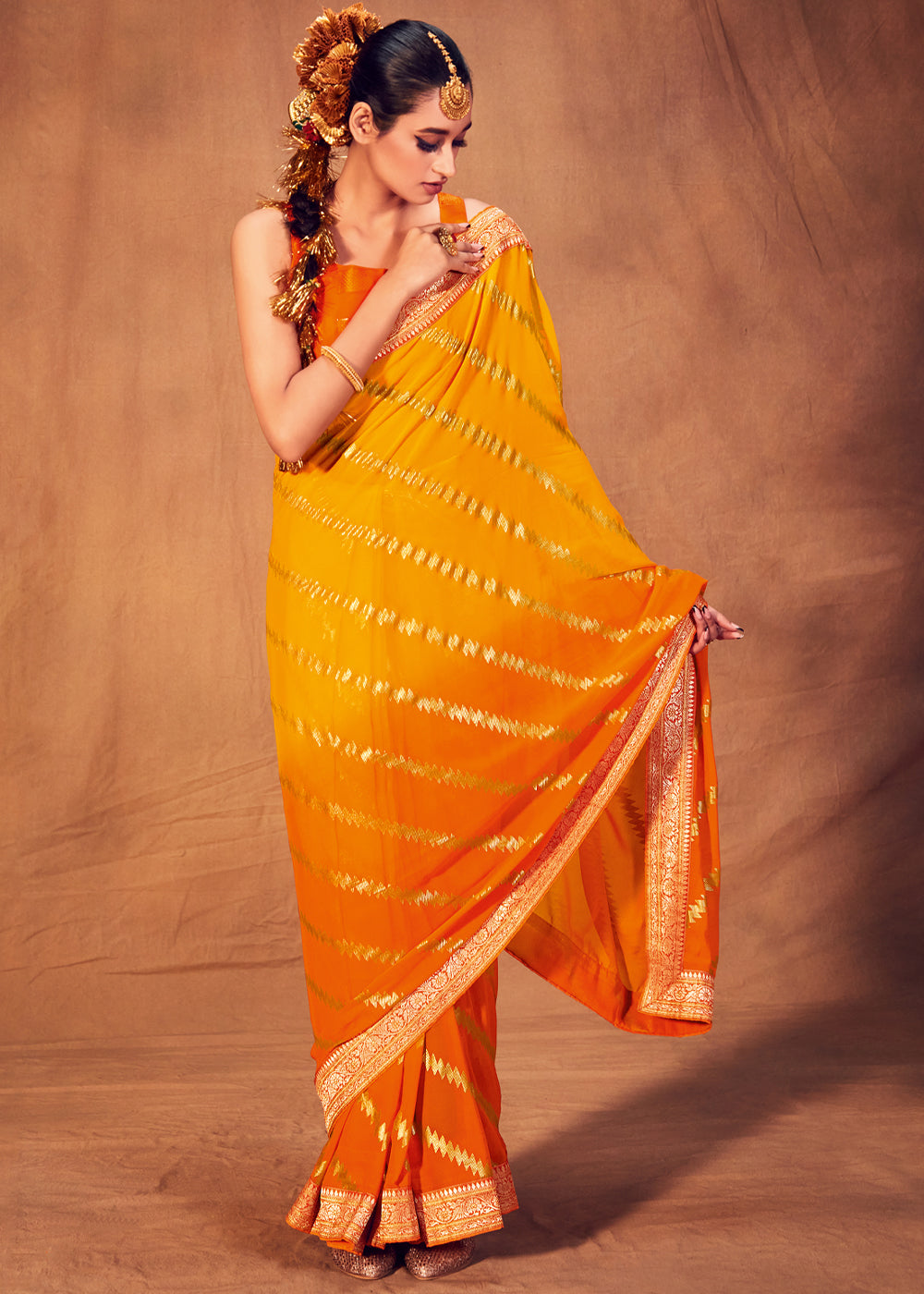 Buy MySilkLove Bright Sun Yellow and Orange Woven Georgette Silk Saree Online