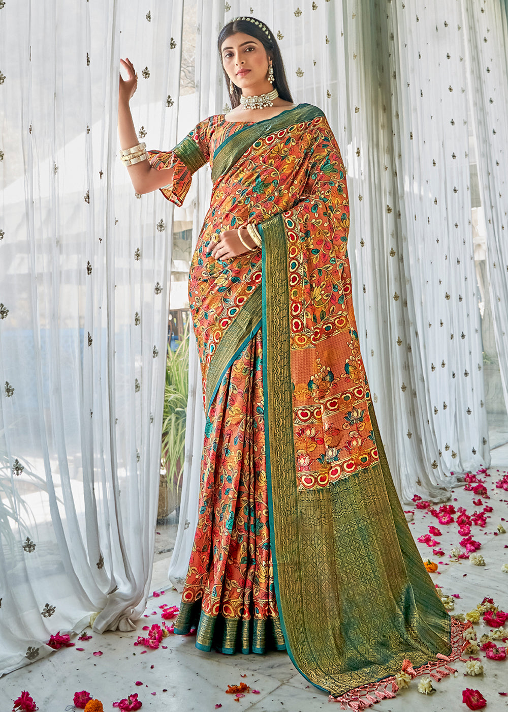 Buy MySilkLove Pesto Green Kalamakari Digital Printed Saree Online