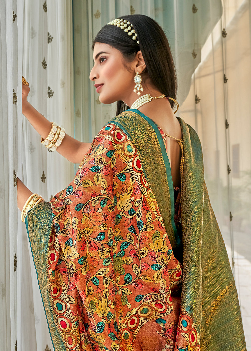 Buy MySilkLove Pesto Green Kalamakari Digital Printed Saree Online