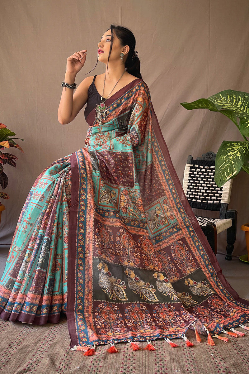 Buy Printed Sarees - Sapphire Blue Kalamkari Saree | Karagiri