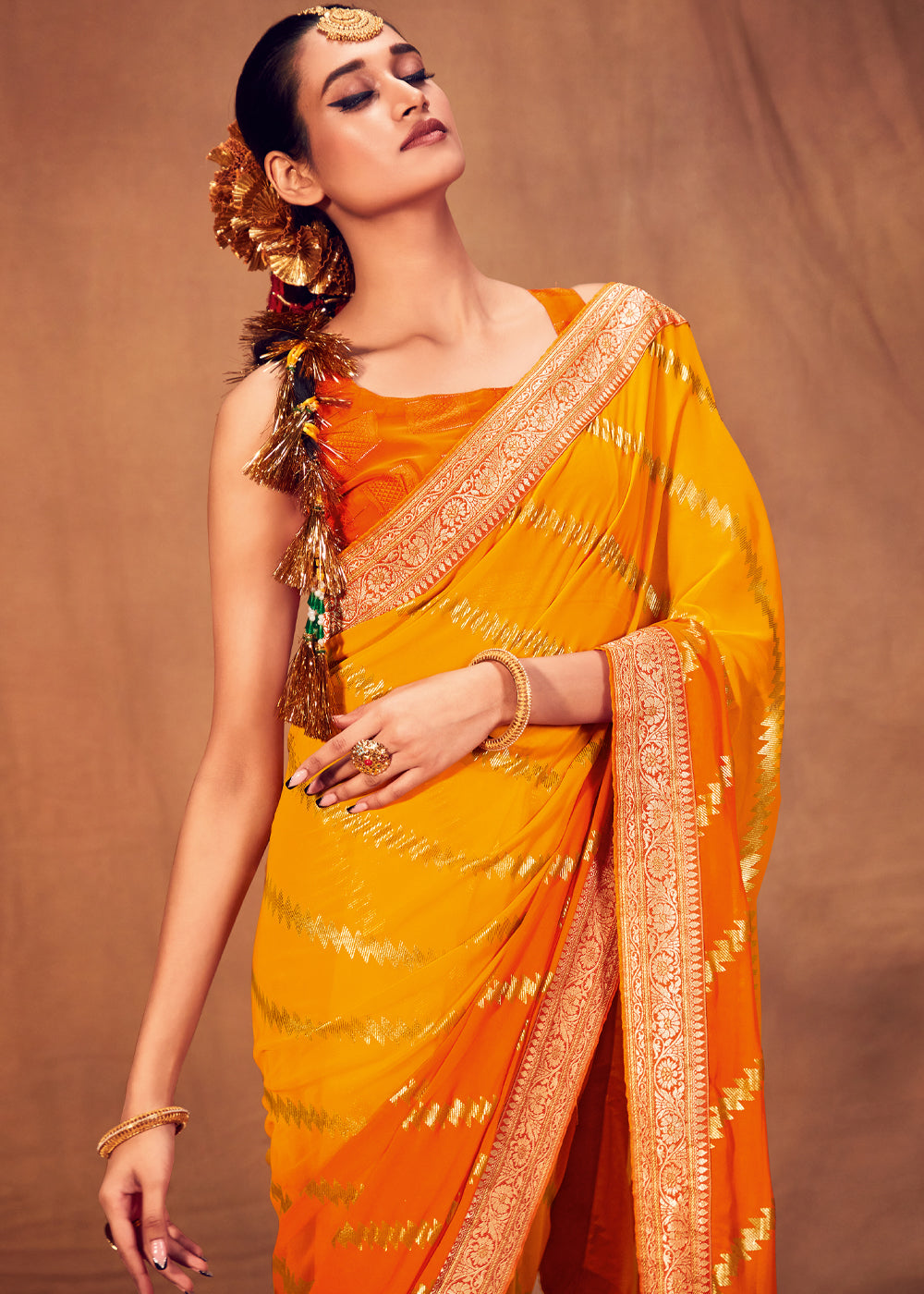 MySilkLove Bright Sun Yellow and Orange Woven Georgette Silk Saree