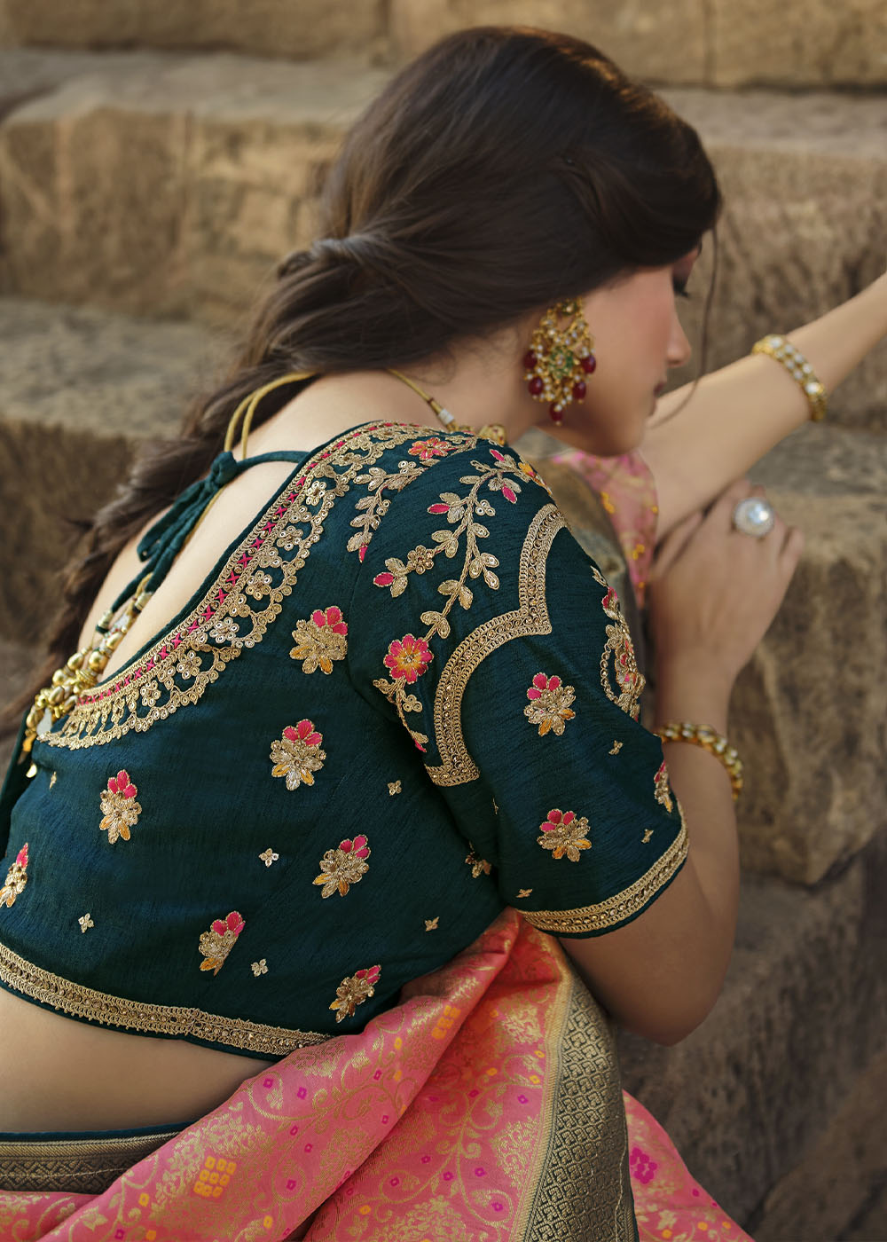 Buy MySilkLove Burnt Pink and Blue Designer Banarasi Silk Saree with Embroidered Blouse Online