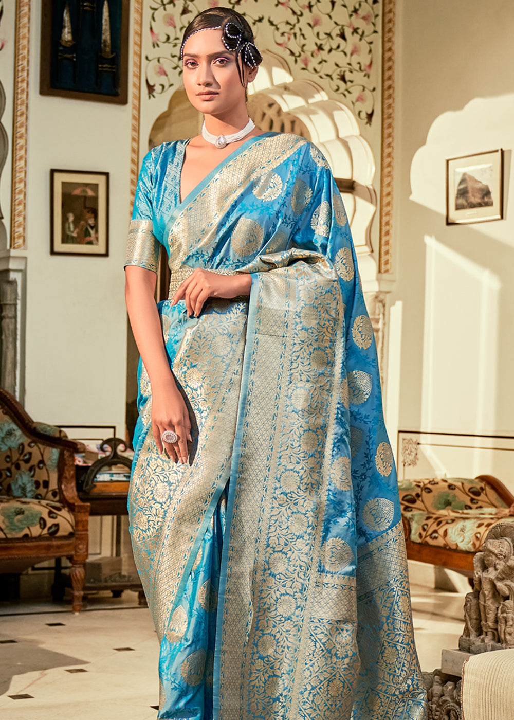 Buy MySilkLove Steel Blue Woven Banarasi Silk Saree Online