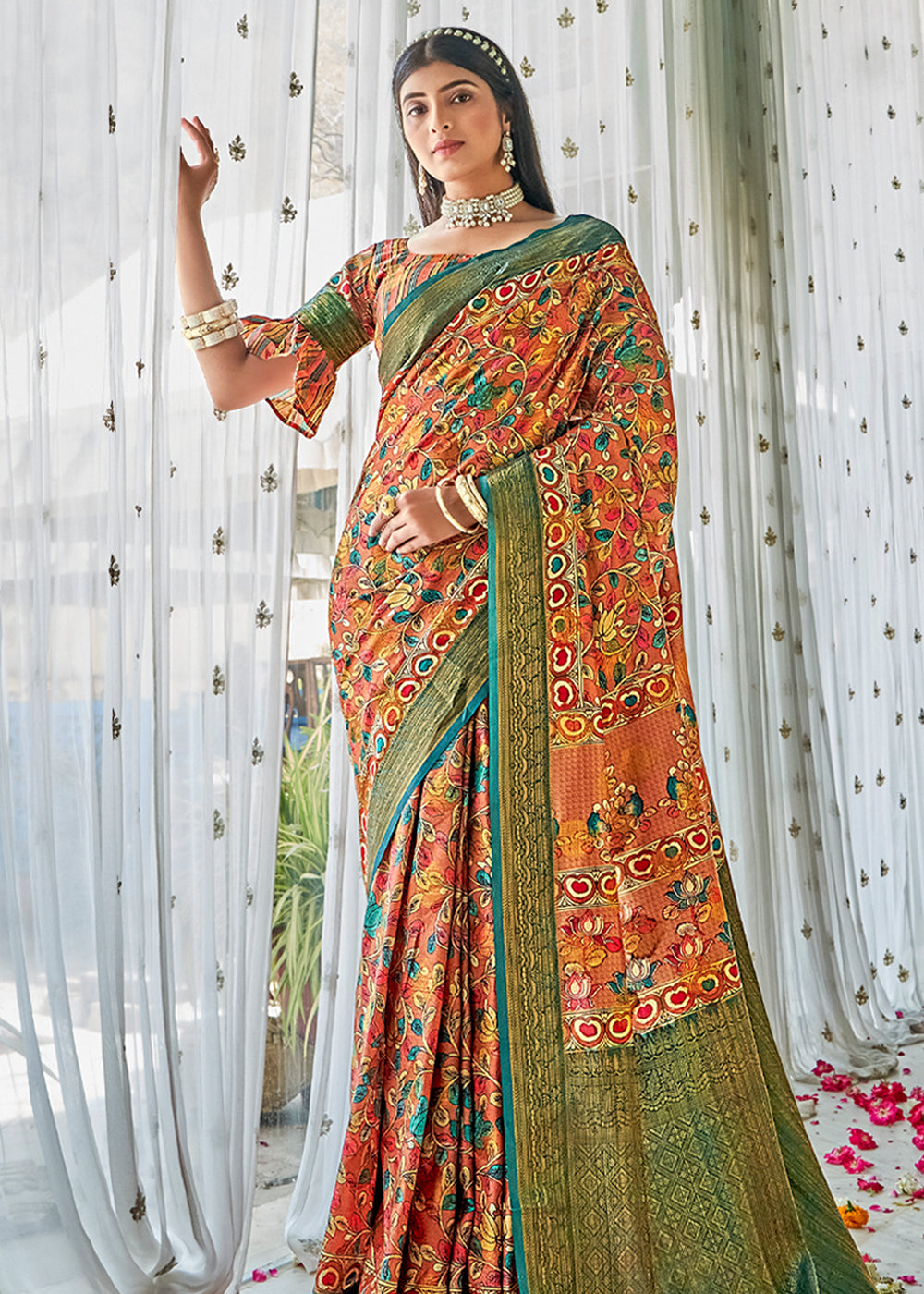 Buy MySilkLove Pesto Green Kalamakari Digital Printed Saree Online