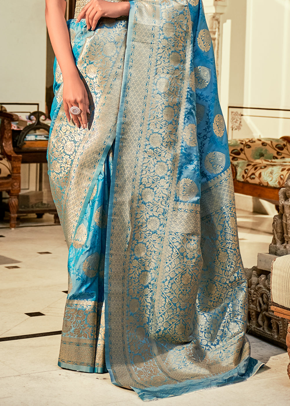 Buy MySilkLove Steel Blue Woven Banarasi Silk Saree Online