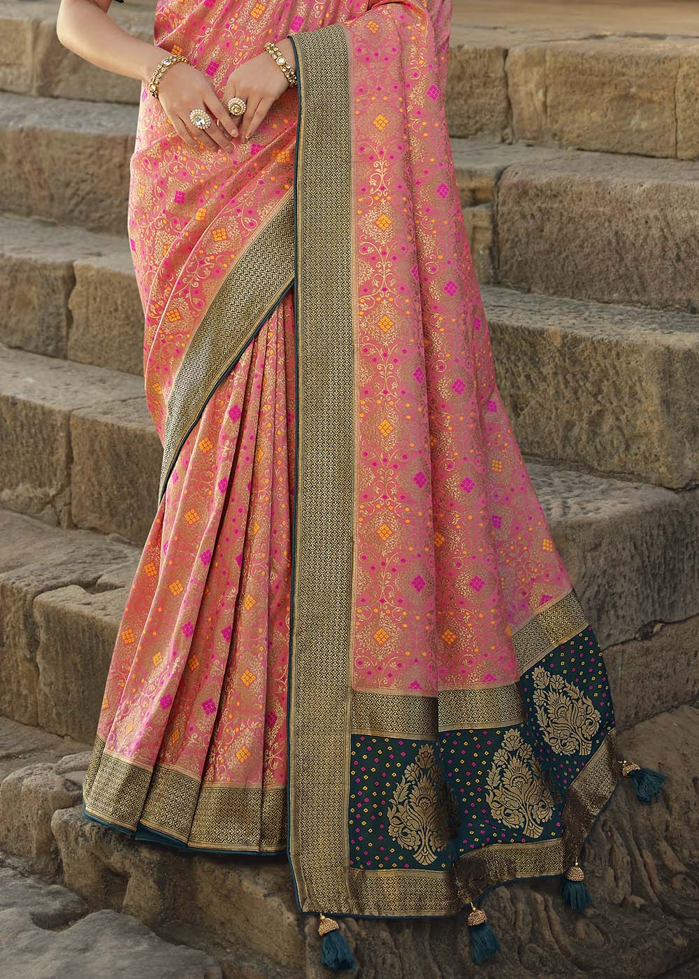 Buy MySilkLove Burnt Pink and Blue Designer Banarasi Silk Saree with Embroidered Blouse Online