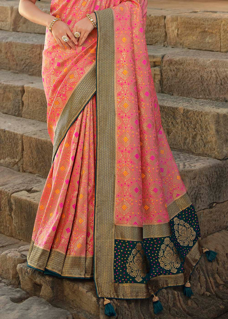 Burnt Pink and Blue Designer Banarasi Silk Saree with Embroidered Blouse