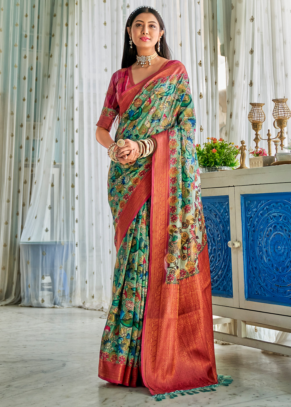 Buy MySilkLove Pastel Green & Red Kalamkari Digital Printed Saree Online