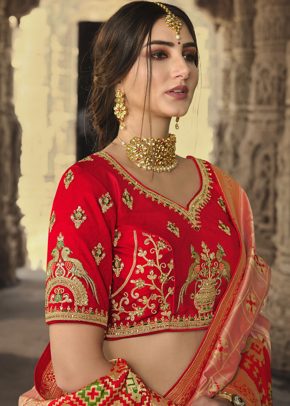 Buy MySilkLove Vivid Peach and Red Designer Banarasi Silk Saree with Embroidered Blouse Online