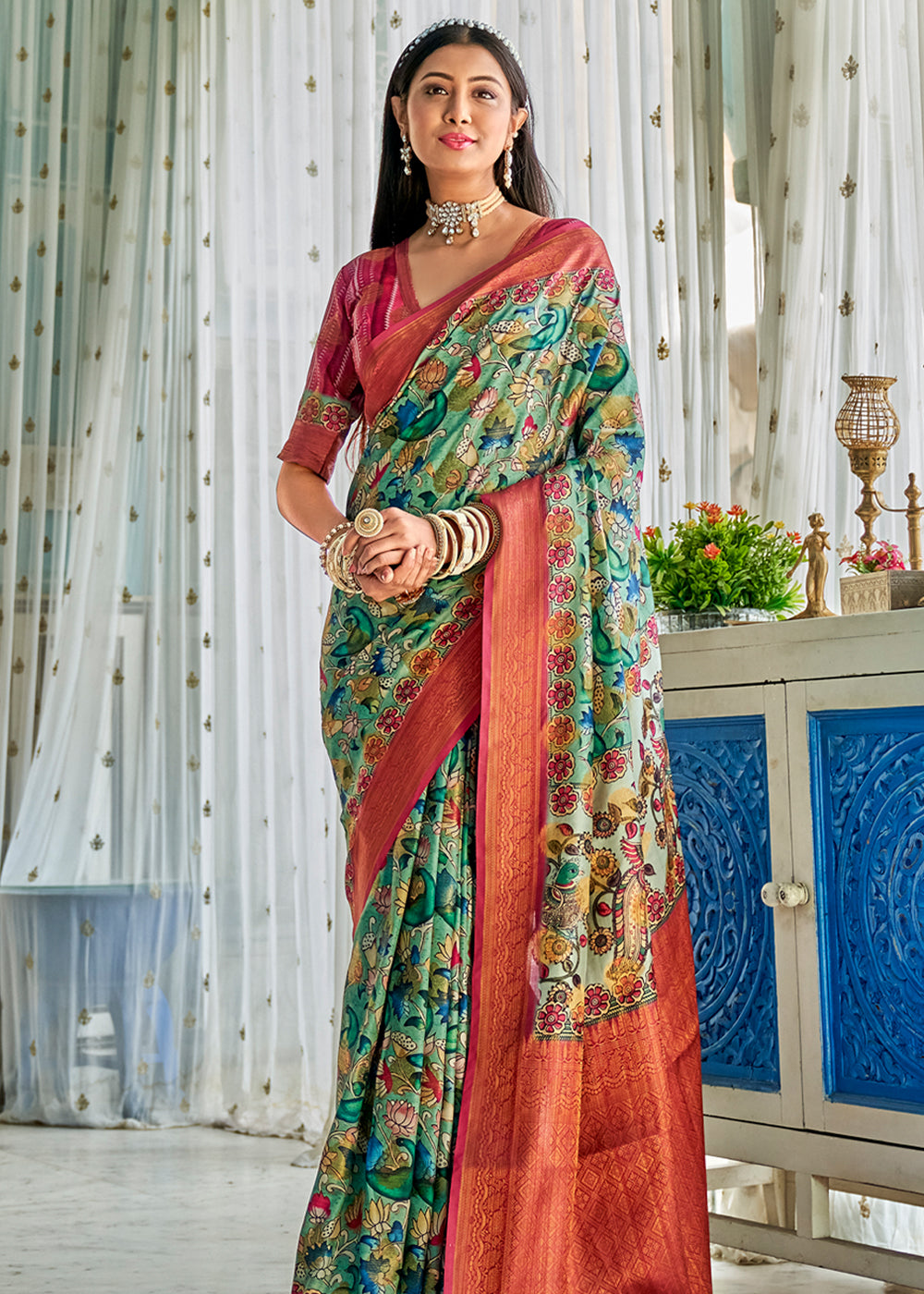 Buy MySilkLove Pastel Green & Red Kalamkari Digital Printed Saree Online