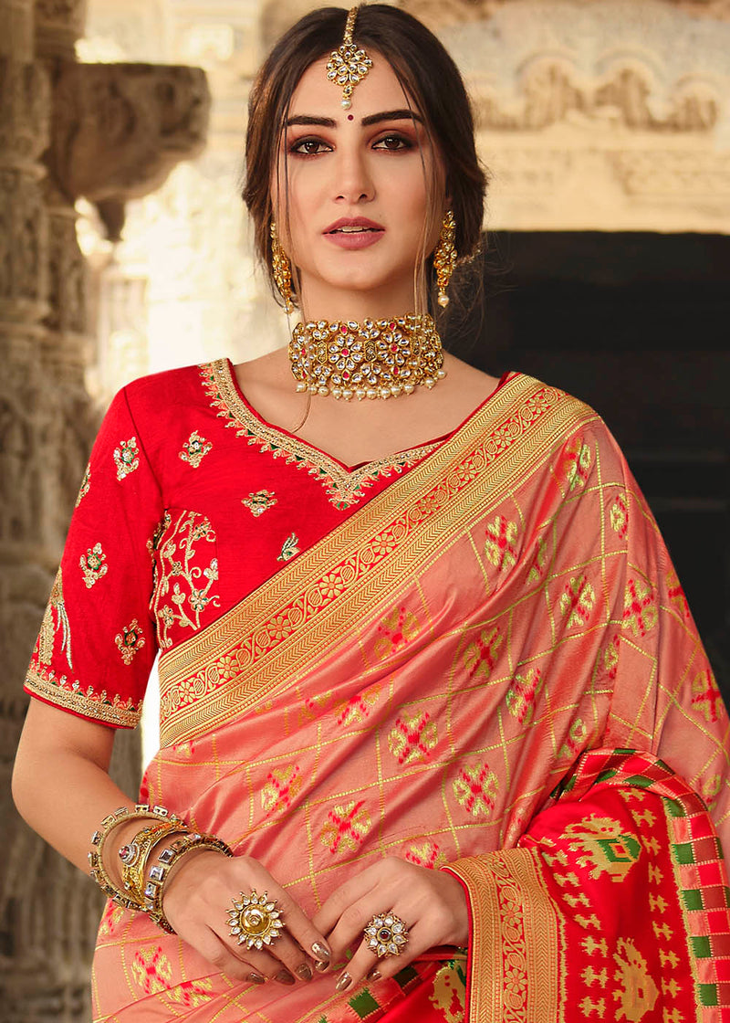 Vivid Peach and Red Designer Banarasi Silk Saree with Embroidered Blouse