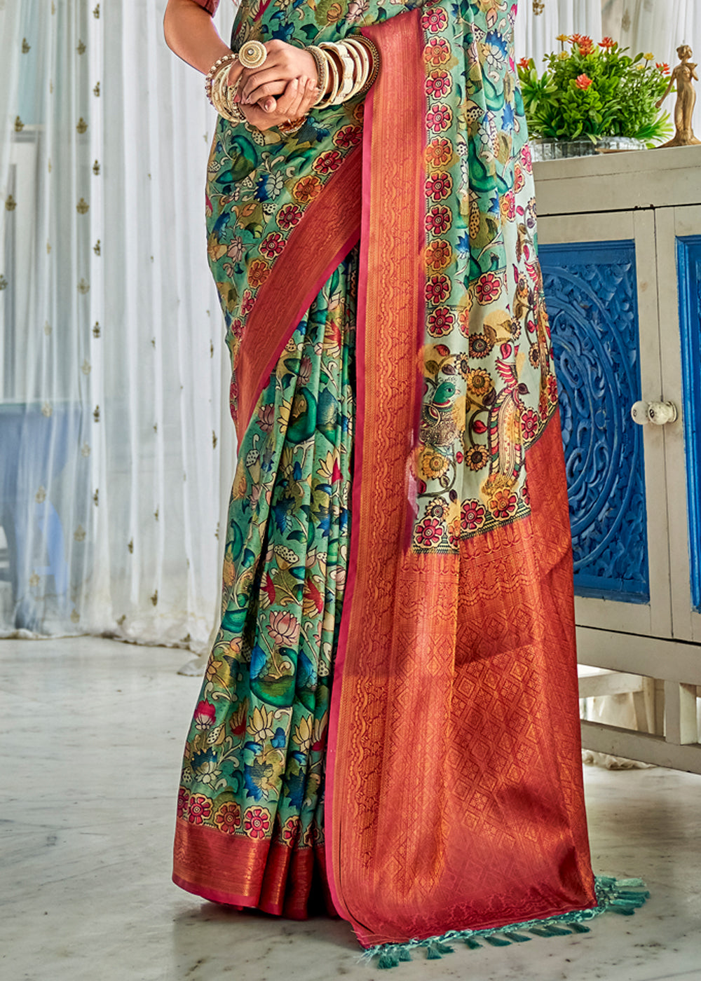 Buy MySilkLove Pastel Green & Red Kalamkari Digital Printed Saree Online