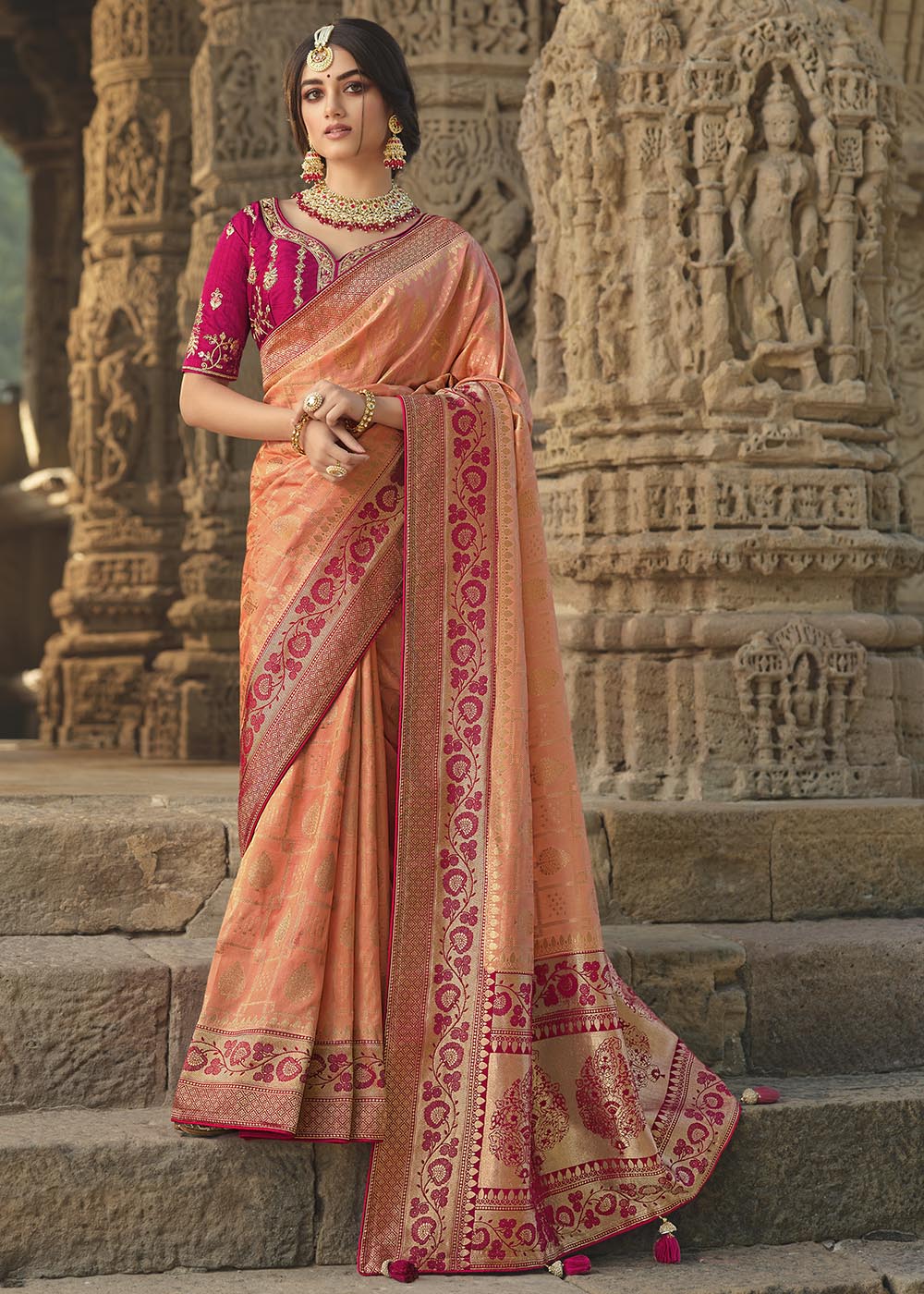 Buy MySilkLove Tan Peach Pink Designer Banarasi Silk Saree with Embroidered Blouse Online