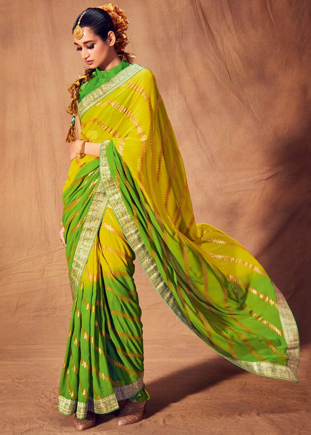 Buy MySilkLove Gold Tips Yellow and Green Woven Georgette Silk Saree Online