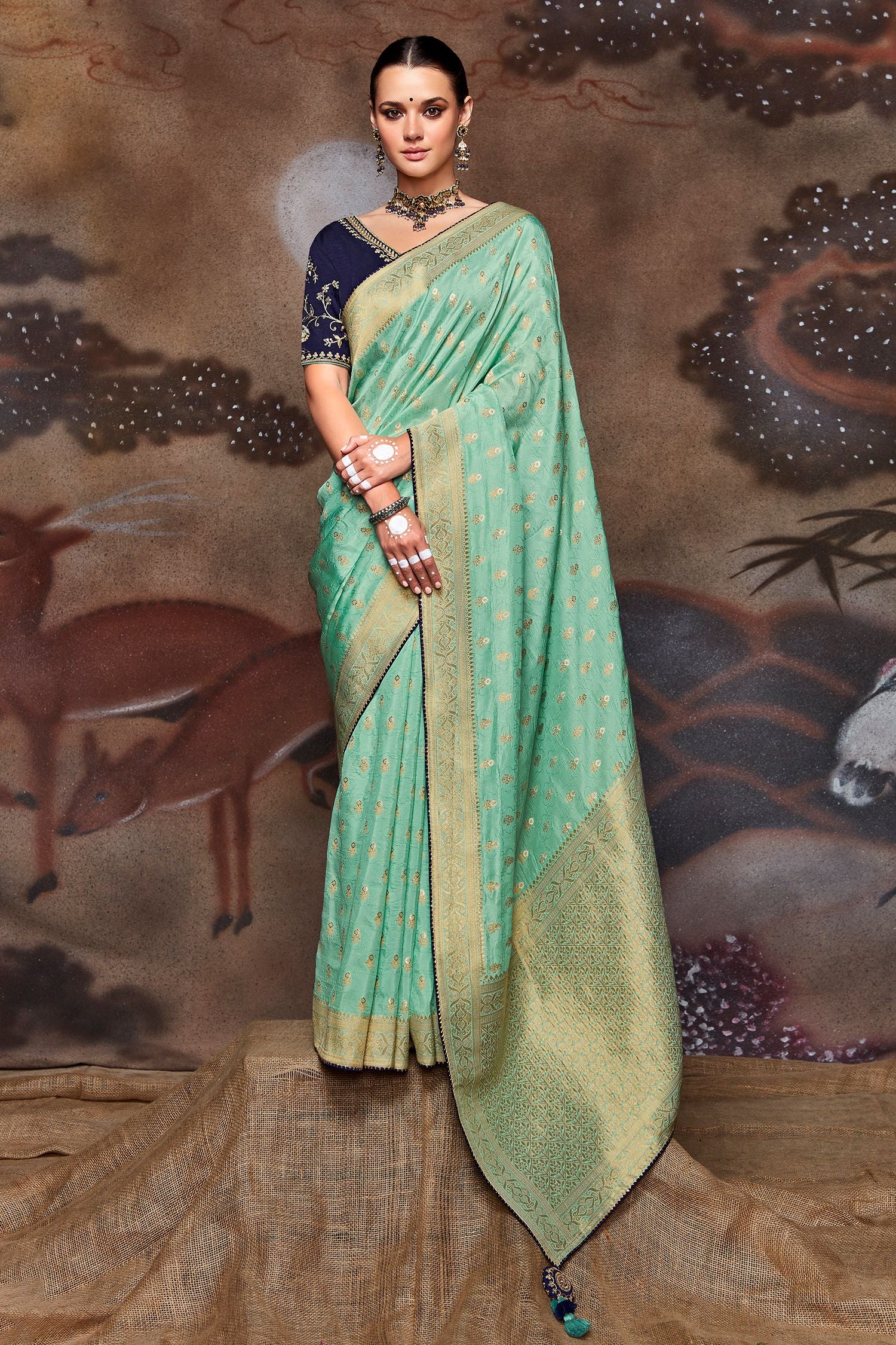 Buy MySilkLove Gum Leaf Blue Woven Banarasi Art Silk Saree Online